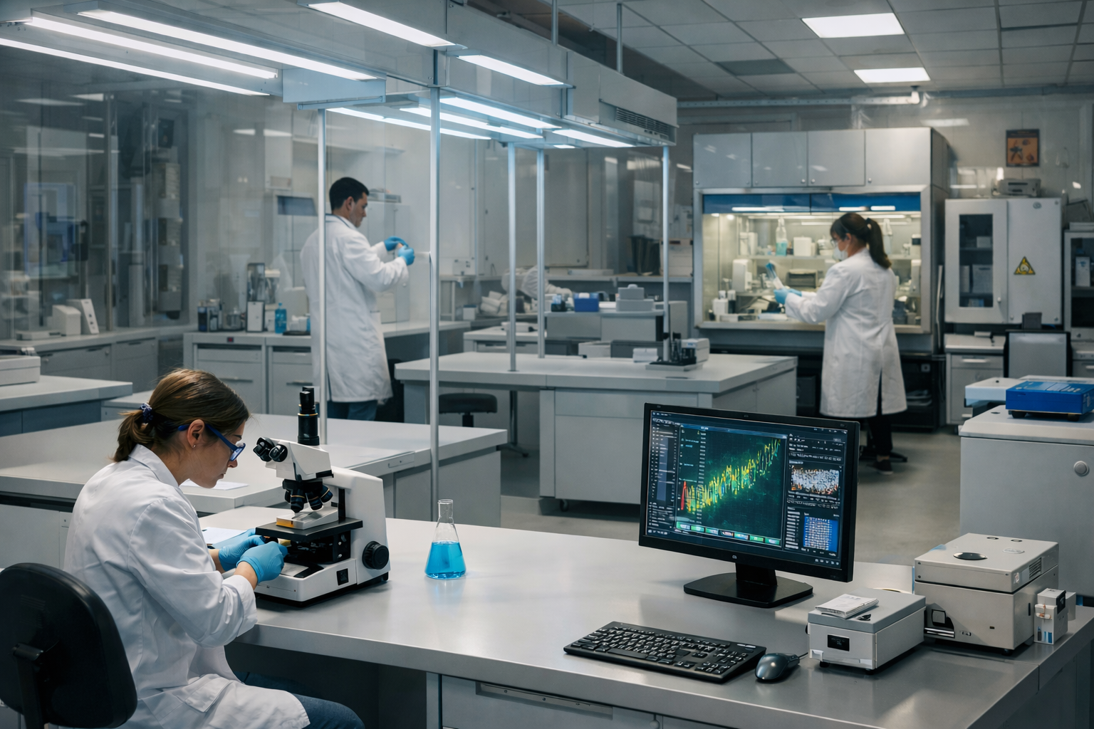 Biomedical research facility with laboratory staff and workstations.