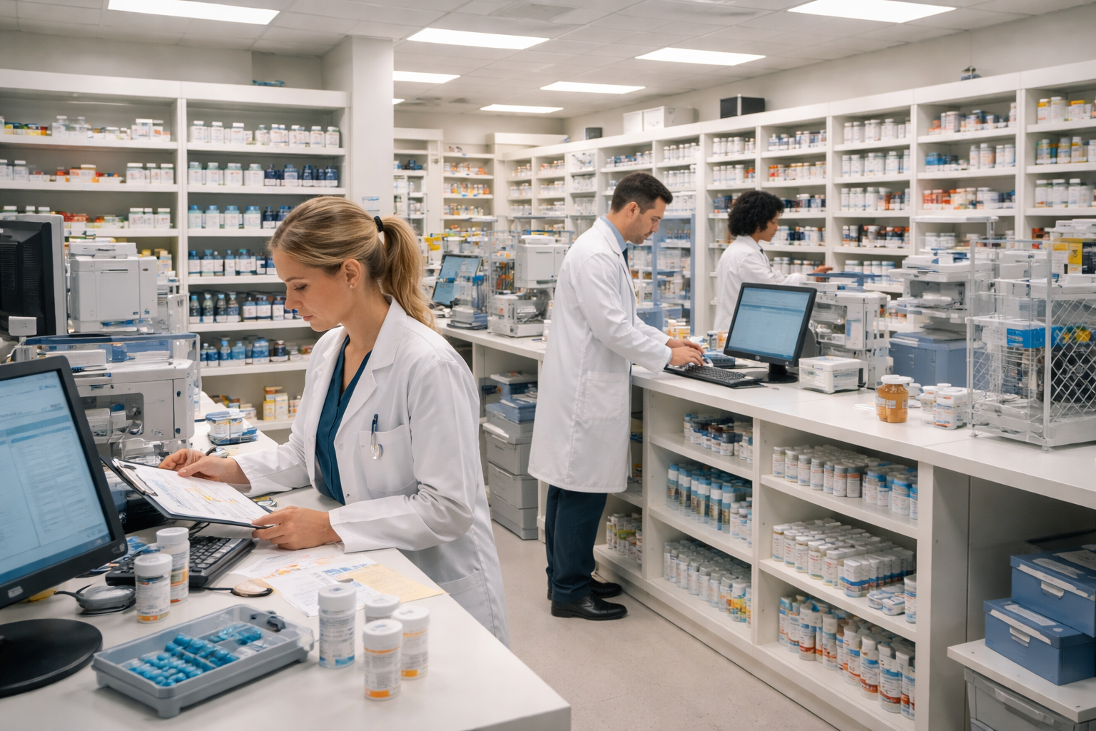 Inpatient hospital pharmacy team working inside a medication fulfillment area.