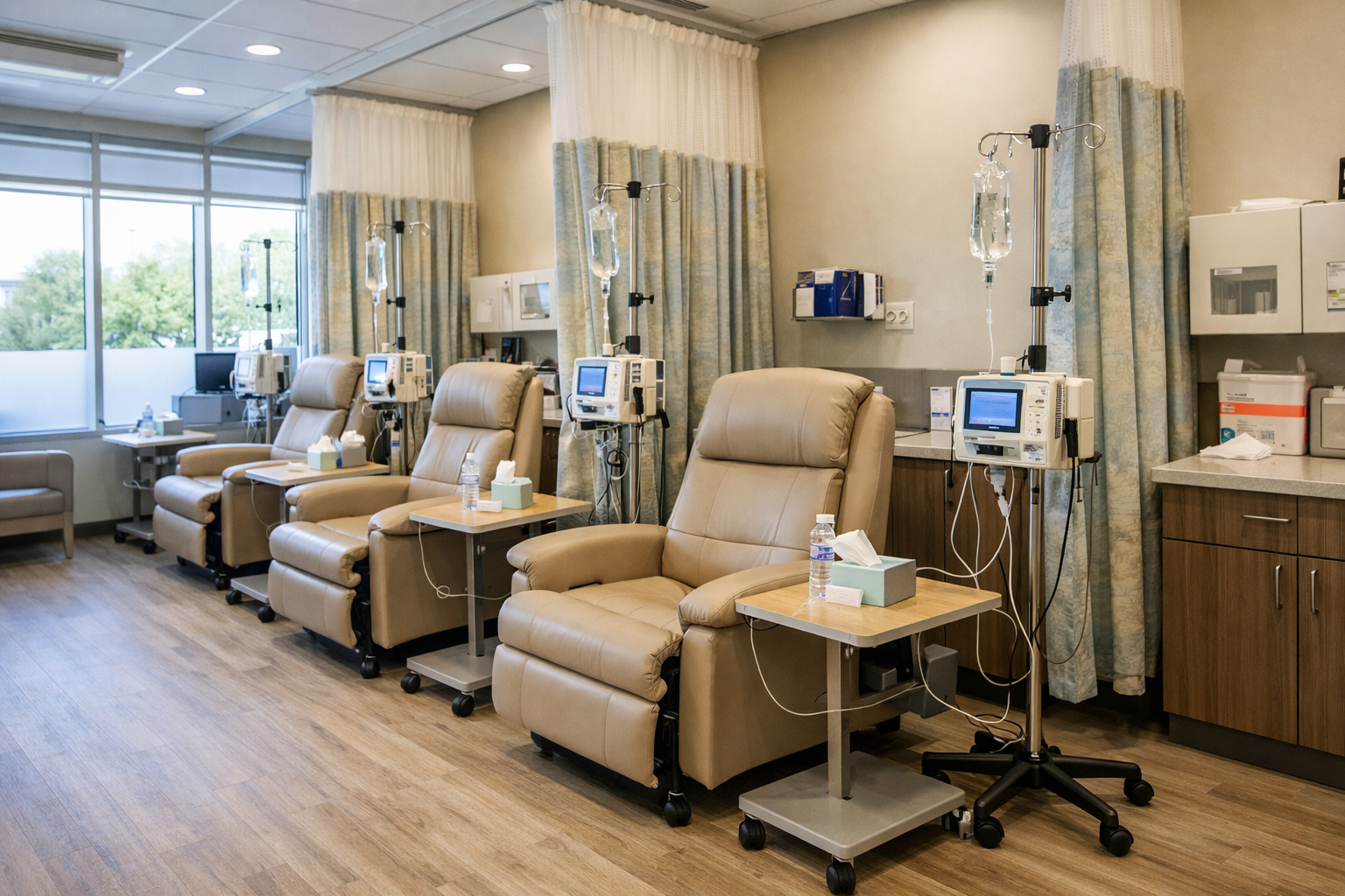 Infusion center treatment chairs prepared for outpatient therapy delivery.