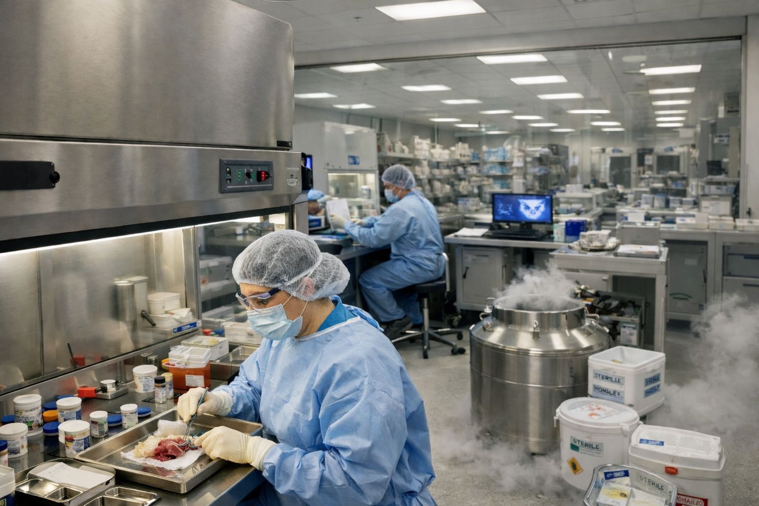 Tissue and allograft laboratory with sterile handling and cryogenic storage support.