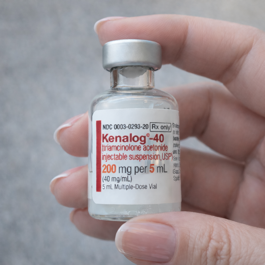 Kenalog-40 triamcinolone acetonide injectable suspension 200 mg per 5 mL carton held in hand